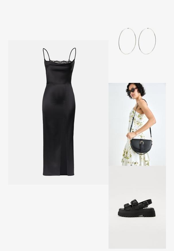 Czarna satynowa sukienka na ramiączkach, koronkowe wykończenie dekoltu, dopasowana sylwetka oraz wysoki rozcięcie na boku dla wygody ruchów.; Czarne sandały na platformie z trzema regulowanymi paskami na klamry, teksturowaną podeszwą i gładką cholewką. Zaprojektowane z solidną, masywną sylwetką.; Czarna skórzana torebka o zakrzywionym kształcie, z odpinanym paskiem i złotymi akcentami. Torebka posiada klapę z zapięciem w kształcie klamry.; Srebrne kolczyki na kółku o gładkim, okrągłym kształcie i wypolerowanym wykończeniu. Są cienkie i lekkie, z prostym zapięciem.