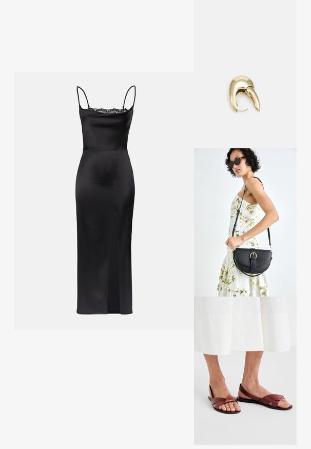 Black satin dress with spaghetti straps, lace trim at neckline, form-fitting silhouette, and a side slit for ease of movement.; Brown leather sandals with crossed straps and open back, featuring a flat sole. The straps are smooth with a matte finish.; Black leather handbag with a curved shape, detachable strap, and gold hardware. The bag features a flap with a buckle detail.; Gold-tone metal earring with a sleek, curved design. Features a distinctive pointed shape, polished surface, and hinge closure.