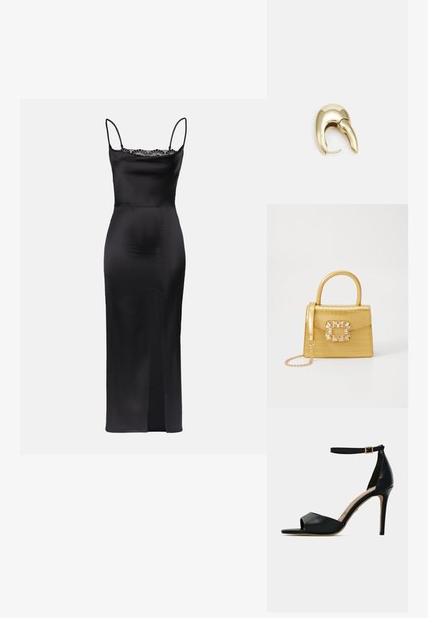 Schwarzes Satin-Kleid mit Spaghetti-Trägern, lace Besatz am Ausschnitt, figurbetonte Silhouette und einem seitlichen Schlitz für Bewegungsfreiheit.; Schwarze hochhackige Sandale mit offenem Zeh, glattem Lederoberteil, Knöchelriemen mit goldener Schnalle und beigem Fußbett.; Gelbe Kunstleder-Handtasche im Krokodil-Look mit strukturiertem Design, Obergriff, abnehmbarem Kettenriemen und dekorativer Kristallverzierung am Verschluss.; Ohrringe aus goldfarbenem Metall mit einem schlanken, geschwungenen Design. Sie verfügen über eine markante, spitze Form, eine polierte Oberfläche und einen Scharnierverschluss.