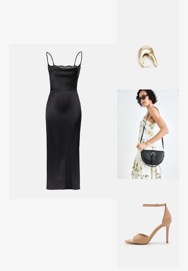 Fekete selyemruha vékony pántokkal, csipke díszítéssel a nyakvonalon, testhez simuló sziluettel és oldalsó hasítékkal a mozgás könnyítése érdekében.; ALDO CRERIDE PILLOW WALK - Szandálok - beige; Fekete bőrtáska ívelt formával, levehető pánttal és arany színű fémrészekkel. A táskán egy csattal díszített fedél található.; Aranyszínű fém fülbevaló, elegáns, ívelt formával. Különleges hegyes alak, fényes felszín és zsanéros záródás jellemzi.