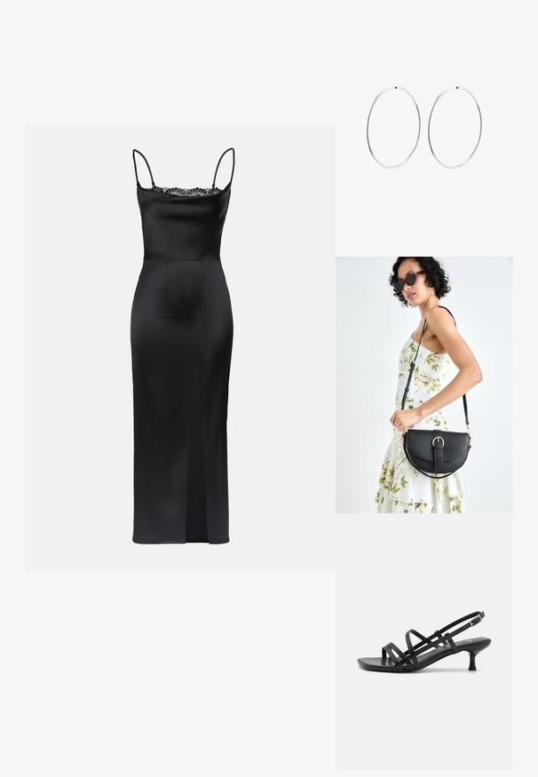 Musta satiini mekko ohuilla olkaimilla, pitsireunus kaula-aukossa, vartalonmyötäinen siluetti ja sivuaukko liikkumisen helppottamiseksi.; Musta korkeakorkoiset sandaalit, joissa on useita ristikko-nauhoja. Sileä materiaali, teräväkärkinen malli ja kapea korko. Säädettävä nilkkahihna soljella.; Musta nahkainen käsilaukku, joka on kaareva muotoilultaan, irrotettavalla hihnalla ja kultaisilla yksityiskohdilla. Laukussa on läppä, jossa on solk yksityiskohta.; Hope hopeita hopeita, joissa on sileä, pyöreä muoto ja kiiltävä pinta. Ne ovat ohuita ja kevyitä, ja niissä on yksinkertainen lukitus.