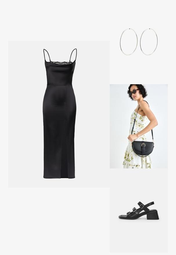 Czarna satynowa sukienka na ramiączkach, koronkowe wykończenie dekoltu, dopasowana sylwetka oraz wysoki rozcięcie na boku dla wygody ruchów.; Czarne skórzane sandały z trzema regulowanymi paskami na klamry, kwadratowym noskiem i zwężonym słupkowym obcasem. Gładka tekstura i minimalistyczny design.; Czarna skórzana torebka o zakrzywionym kształcie, z odpinanym paskiem i złotymi akcentami. Torebka posiada klapę z zapięciem w kształcie klamry.; Srebrne kolczyki na kółku o gładkim, okrągłym kształcie i wypolerowanym wykończeniu. Są cienkie i lekkie, z prostym zapięciem.