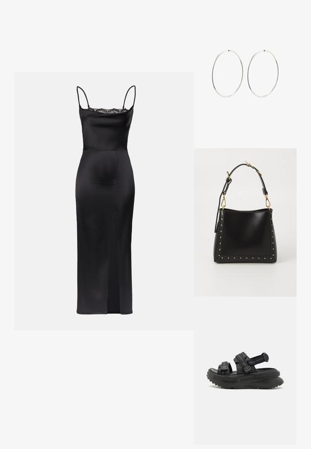 Black satin dress with spaghetti straps, lace trim at neckline, form-fitting silhouette, and a side slit for ease of movement.; Black platform sandals with adjustable straps, rubber sole featuring a jagged tread pattern, and textured fabric for comfort and support.; Black leather handbag with a structured shape, featuring gold studs along the edges and a detachable strap with gold hardware accents.; Silver hoop earrings with a smooth, round design and a polished finish. They are thin and lightweight, featuring a simple clasp closure.