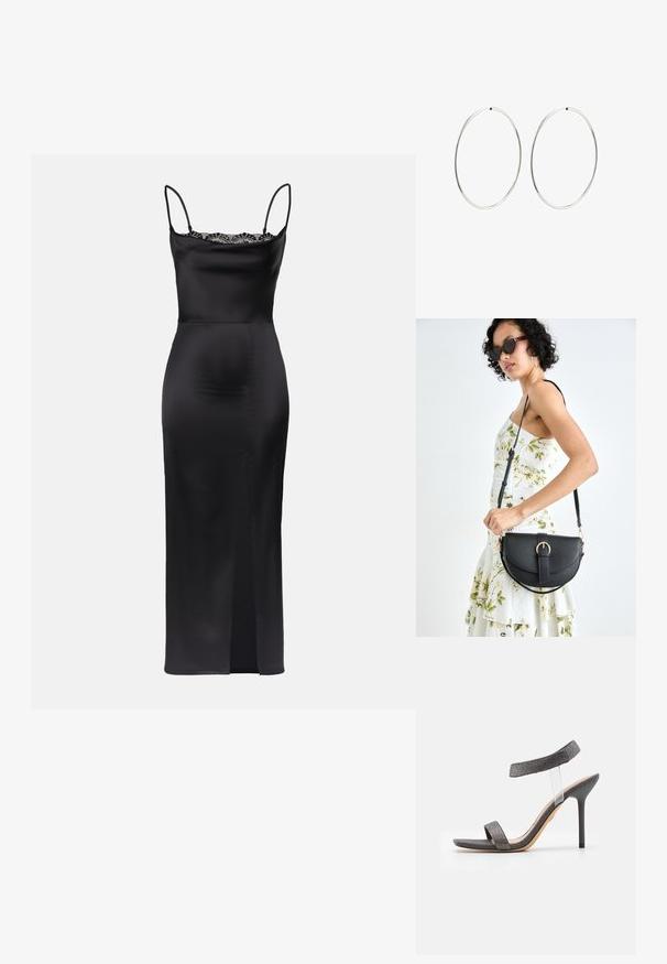 Black satin dress with spaghetti straps, lace trim at neckline, form-fitting silhouette, and a side slit for ease of movement.; Black heeled sandal with a transparent strap, textured upper, and slim stiletto heel. Features a wide front band and shimmery accents.; Black leather handbag with a curved shape, detachable strap, and gold hardware. The bag features a flap with a buckle detail.; Silver hoop earrings with a smooth, round design and a polished finish. They are thin and lightweight, featuring a simple clasp closure.