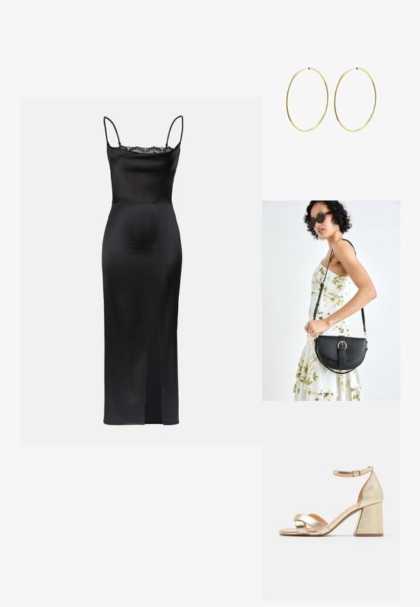 Juodas satino suknelė su špagetėmis, nėrinių apdaila iškirptėje, figūrą glostanti siluetas ir šoninė išpjova, užtikrinanti judėjimo patogumą.; Aukso metalo kulniukai su bloko kulnu, atvira nosimi ir kryžminiu dirželiu. Kulkšnies dirželis su sagtimi.; Juodas odinis krepšys su išlenkta forma, nuimamu dirželiu ir auksiniais detalėmis. Krepšys turi kilpą su sagtimi.; Aukso žiediniai auskarai su lygiu, suapvalintu dizainu. Ploni ir lengvi, su nuolatiniu kilpeliu be jokio papuošimo.