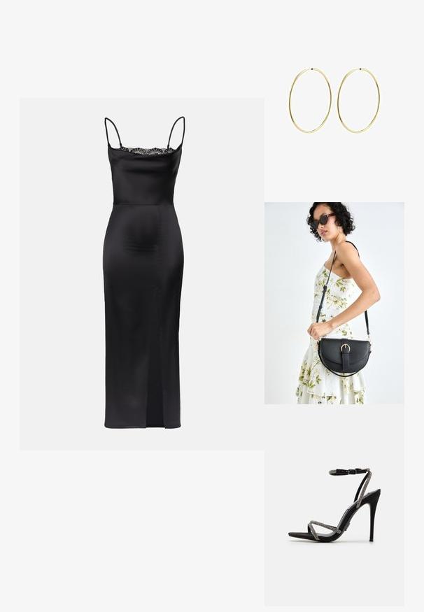 Črna satenasta obleka z naramnicami, čipkastim robom pri vratu, prilegajočo silhueto in bočnim razporkom za enostavno gibanje.; Črne sandale na visokih petah z tankimi, okrašenimi trakovi in zaponko za gleženj. Izovalo iz semiša, odprti konec in eleganten, koničast dizajn.; Črna usnjena torbica s ukrivljeno obliko, z odstranljivo naramnico in zlatimi dodatki. Torbica ima pokrov s podrobnostmi v obliki zaponke.; Zlate obroče za ušesa z gladkim, zaobljenim dizajnom. Tanki in lahki, z neprekinjenim krogom brez okrasnih elementov.