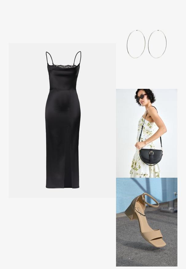 Black satin dress with spaghetti straps, lace trim at neckline, form-fitting silhouette, and a side slit for ease of movement.; Beige block-heeled sandal with a square toe, minimal straps, and an ankle buckle. Smooth, matte material against a gray surface.; Black leather handbag with a curved shape, detachable strap, and gold hardware. The bag features a flap with a buckle detail.; Silver hoop earrings with a smooth, round design and a polished finish. They are thin and lightweight, featuring a simple clasp closure.