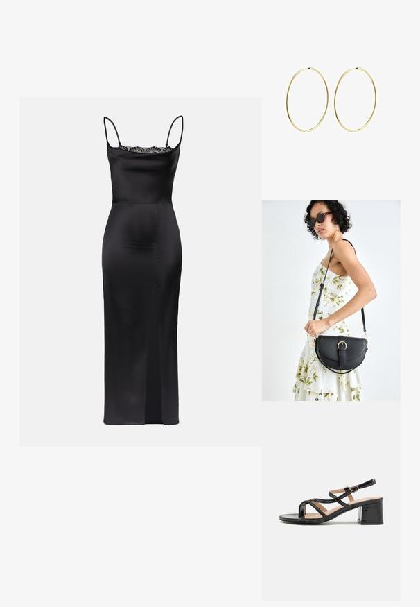 Black satin dress with spaghetti straps, lace trim at neckline, form-fitting silhouette, and a side slit for ease of movement.; RAID ANSHIKA - Sandals - black; Black leather handbag with a curved shape, detachable strap, and gold hardware. The bag features a flap with a buckle detail.; Gold hoop earrings with a smooth, rounded design. Thin and lightweight, featuring a continuous loop without any embellishments.