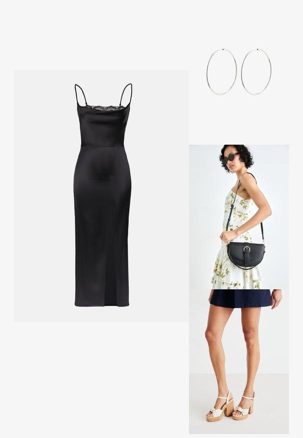 Schwarzes Satin-Kleid mit Spaghetti-Trägern, lace Besatz am Ausschnitt, figurbetonte Silhouette und einem seitlichen Schlitz für Bewegungsfreiheit.; Weiße Plateau-Sandalen mit Korkbasis, geknotetem Frontdesign und Fesselriemen zur Unterstützung. Glatte Textur mit einem stabilen Blockabsatz.; Schwarze Lederhandtasche mit geschwungener Form, abnehmbarem Tragegurt und goldenen Beschlägen. Die Tasche verfügt über einen Deckel mit einer Schnallen-Details.; Silberne Creolen mit einem glatten, runden Design und einer polierten Oberfläche. Sie sind dünn und leicht und verfügen über einen einfachen Verschluss.