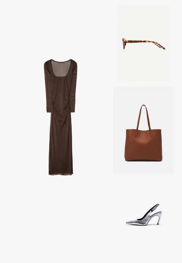Dolga rjava obleka iz gladkega, padajočega materiala. Ima kvadratno izrez in nabran detajl spredaj.; Srebrni slingback čevlji s koničastim nasprotjem, sijoča kovinska površina in vitka visoka peta. Zapiranje na zaponko na hrbtni strani, gladka tekstura.; Sončna očala iz želvosliva z debelimi okvirji, rahlo ukrivljenimi nogicami in gladko teksturo. Imajo klasičen dizajn z sijočim finišom.; Rjava usnjena torba z gladko teksturo, odprto zasnovo zgoraj in dvema naramnima trakovoma. Opremljena je z minimalnim šivanjem in brez vidnih kovinskih delov.