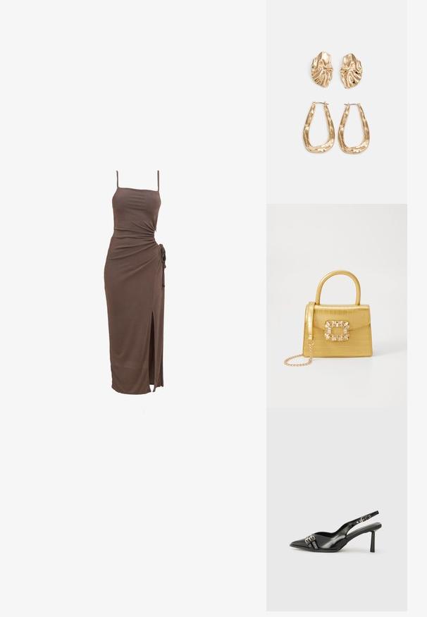 Braunes ärmelloses Kleid mit einer figurbetonten Silhouette, seitlichem Knoten-Detail und einem Oberschenkel-Spalt, aus glattem, dehnbarem Stoff gefertigt.; Schwarzer Lackleder Slingback-Schuh mit spitzem Zehenbereich, Knöchelriemen mit silbernen Schnallen und Beschlägen sowie einem schlanken Absatz.; Gelbe Kunstleder-Handtasche im Krokodil-Look mit strukturiertem Design, Obergriff, abnehmbarem Kettenriemen und dekorativer Kristallverzierung am Verschluss.; Ohrringe in Goldoptik mit strukturierten, gewellten Formen. Beinhaltet skulpturale Clip-Ohrringe und ein offenes Hoop-Design mit gehämmertem Finish.