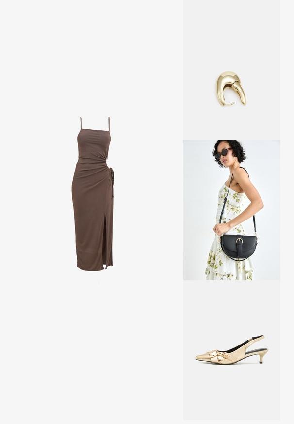 Brun uten ermer kjole med en tettsittende silhuett, sideknute detaljer og høy splitt til låret, laget av glatt, elastisk stoff.; Gullfargede skinn slingback hæler med spiss tå, liten kitten heel og to spenner på vampen. Glatt tekstur, elegant design.; Svart lærveske med en buet form, avtagbar stropp og gullbeslag. Vesken har et klaff med spenne-detall.; Gullfarget metalløredobber med et elegant, buet design. Har en karakteristisk spiss form, polert overflate og hengsel-lukking.
