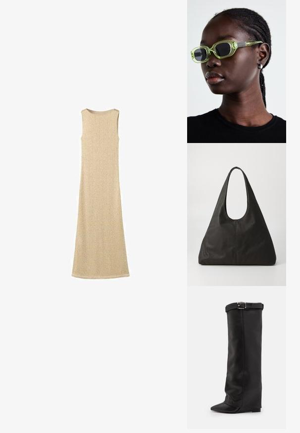 Beige mouwloze jurk met een gestructureerd breipatroon, lange lengte en een gladde ronde halslijn, met een subtiel geweven ontwerp overal.; Steve Madden CORENNE - Laarzen met hoge hak - black; Groen getinte zonnebril met een slank, rechthoekig frame en donkere lenzen; gestructureerde grijze armen met branding. Glad huid en een zwart shirt.; Zwarte leren tote bag met een gebogen handvat, langwerpige driehoekige vorm en een zachte textuur. Kenmerkt zich door een minimalistisch ontwerp zonder zichtbare hardware.
