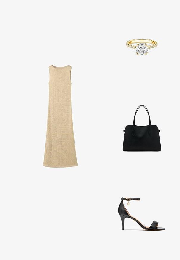 Beige sleeveless dress with a textured knit pattern, long length, and a smooth round neckline, featuring a subtle woven design throughout.; Black leather high-heeled sandal with a single strap over the toes, ankle strap, gold hardware, and a slender stiletto heel.; Black leather handbag with dual shoulder straps, rectangular shape, and minimalistic design on a white background.; Gold ring featuring a large round diamond center stone, surrounded by smaller diamonds on the band. Smooth band with delicate prong settings.