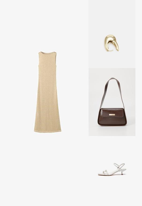 Beige bezrukávové šaty s texturovaným pleteným vzorem, dlouhá délka a hladký kulatý výstřih, s jemným tkaným designem po celém povrchu.; Bílé sandály na pásku s nízkým blokovým podpatkem, plochou podrážkou a nastavitelným kotníkovým páskem. Hladký materiál s jednoduchým designem.; Hnědá kožená taška přes rameno se strukturovaným tvarem, vybavená magnetickou klopou a metalickým logem na přední straně.; Náušnice ve zlatém tónu z kovu s elegantním zakřiveným designem. Vyznačují se jedinečným špičatým tvarem, lesklým povrchem a závěsem na kloub.