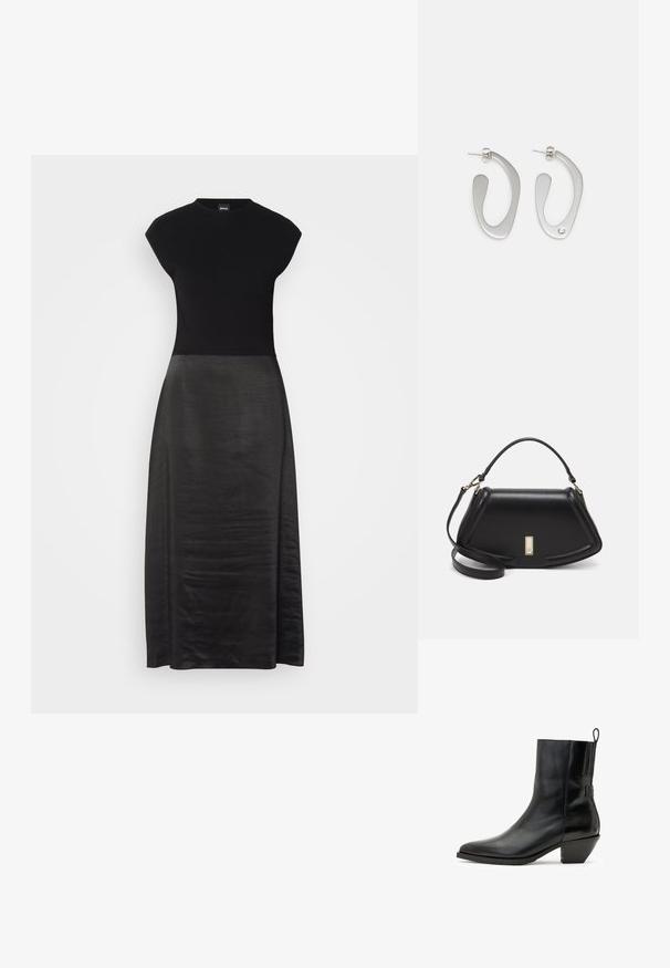 Abito nero con un corpino aderente e una gonna fluida in seta. Maniche a campana, scollatura rotonda, trama liscia e design lunghezza caviglia.; AllSaints Stivaletti - black; Borsa a mano in pelle nera con un design strutturato, caratterizzata da una forma corta, manico superiore e accessori in metallo dorato. Inclusa tracolla regolabile.; Orecchini in metallo argento con una forma fluida e astratta, rifiniti in modo lucido. Uno di essi è accentuato da un piccolo dettaglio in cristallo.