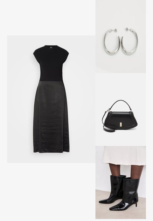 Μαύρο φόρεμα με εφαρμοστό κορσέ και ρέουσα, σατινέ φούστα. Καλυμμένα μανίκια, στρογγυλή λαιμόκοψη, ομαλή υφή και σχέδιο μέχρι τον αστράγαλο.; Calvin Klein HEEL MID BOOT - Μπότες - black; Μαύρη δερμάτινη τσάντα με δομημένο σχέδιο, που διαθέτει κομμένο σχήμα, επάνω λαβή και χρυσά μεταλλικά στοιχεία. Περιλαμβάνει ρυθμιζόμενο λουρί ώμου.; Ασημένια σκουλαρίκια κρίκοι με μαλακή, καμπυλωτή σχεδίαση. Διαθέτουν γυαλιστερή μεταλλική υφή και κλείσιμο με σφίγγα. Χωρίς ορατά μοτίβα ή διακοσμήσεις.