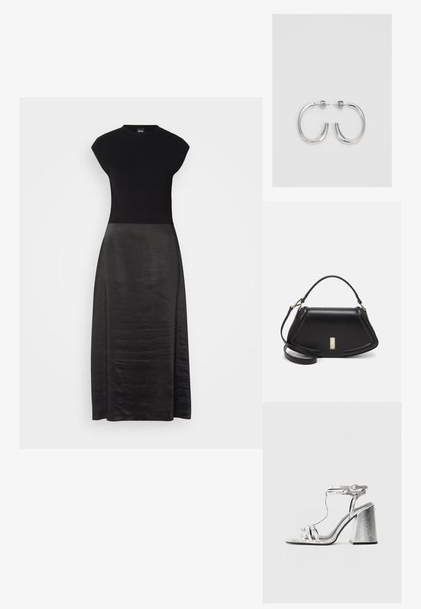 Abito nero con un corpino aderente e una gonna fluida in seta. Maniche a campana, scollatura rotonda, trama liscia e design lunghezza caviglia.; Sandalo con tacco a blocco argentato, caratterizzato da fasce sottili e una fibbia alla caviglia. Il materiale ha una finitura metallica con un aspetto testurizzato.; Borsa a mano in pelle nera con un design strutturato, caratterizzata da una forma corta, manico superiore e accessori in metallo dorato. Inclusa tracolla regolabile.; Orecchini a cerchio in argento con superficie liscia e lucida, caratterizzati da una forma curva e chiusura a perno. Design minimalista con finitura moderna.