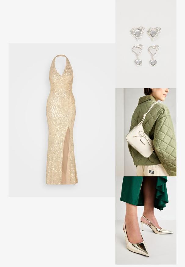 Zlaté šaty so štrasovými aplikáciami a halter krkom, priliehavý strih a rozparok až po stehná. Hladká podšívka dopĺňa lesklú vonkajšiu vrstvu.; Simmi London LAYLIN - Klasické lodičky na opätku - gold mirror; Bežová kožená crossbody taška s detailom mašle, zlatým kovaním a jedným nastaviteľným popruhom, nosená cez zelenú prešívanú bundu.; Strieborné náušnice v tvare srdca sú zdobené facetovanými čírymi kameňmi s textúrovaným rámom. Sada obsahuje štýly so zapichovaním a visiacich náušníc.