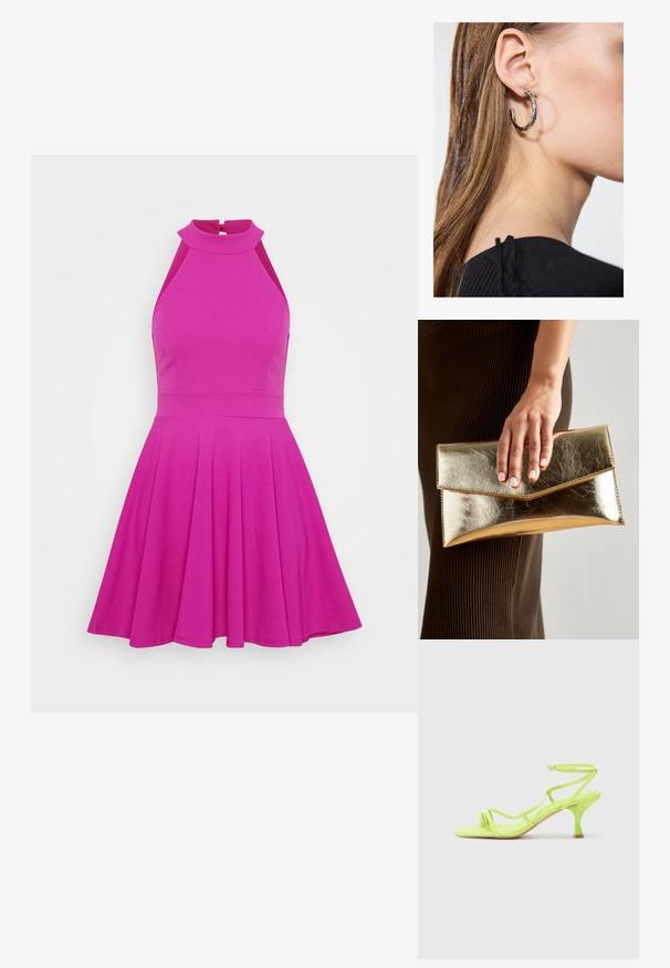 Vestido ajustado rosa con un escote alto, diseño sin mangas y falda acampanada. Hecho de un material suave sin patrones o elementos metálicos visibles.; Sandalia de tacón alto en verde neón con punta cuadrada, tiras delgadas, hebilla en el tobillo y tacón curvado. Material suave con un acabado brillante.; Bolso de mano metálico dorado con una textura suave, que presenta un cierre de solapa triangular. La mano que lo sostiene tiene las uñas bien cuidadas.; Pendiente de aro de plata con un acabado pulido, que presenta pequeños detalles en dorado y una forma redonda, llevado en el lóbulo.