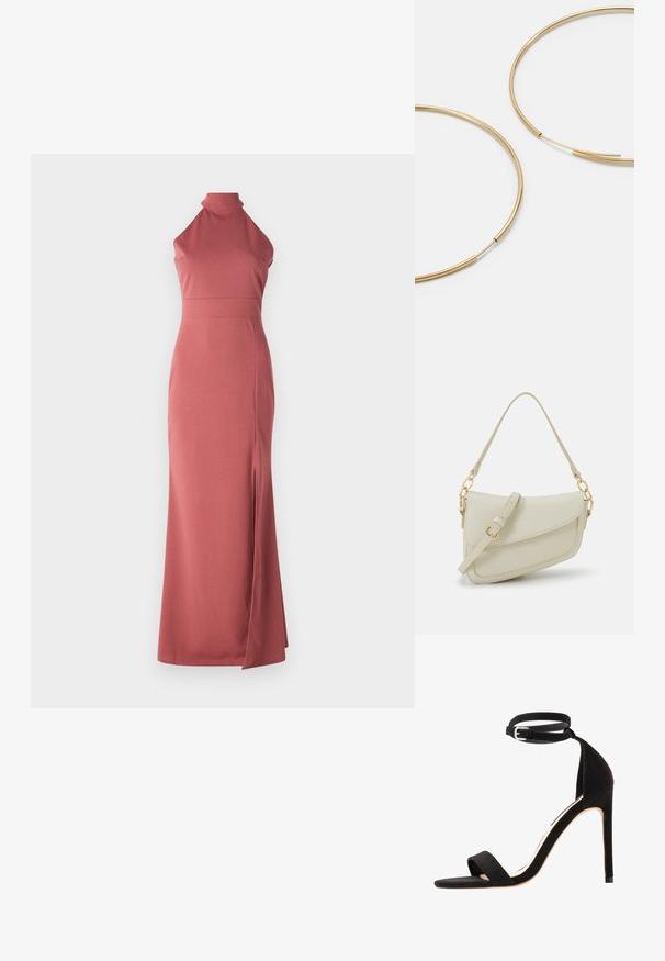 Halter-neck, fitted gown in rose-colored, smooth fabric with a side slit, offering a sleek silhouette and minimalistic design.; Black suede high-heeled sandals with a simple strap design, open toe, and ankle strap featuring a silver buckle.; Small cream handbag with a textured finish, a long adjustable strap, a chain accent, and a flap closure. Gold hardware detailing.; Gold-colored hoop earrings, thin and round in shape, with a smooth metallic finish and no embellishments or patterns.