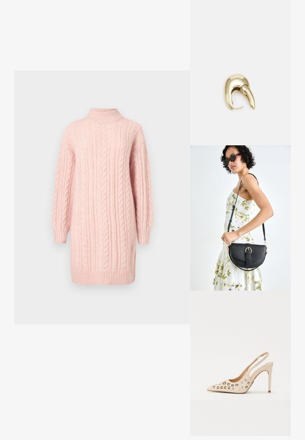 Mīksts rozā adīts džemperkleitas modelis ar garām piedurknēm un ribotām apkakli, apakšmalu un aprocēm uz baltas fona.; Beige, lakota ādas kurpes ar atvērto aizmuguri un nosmailotu purngali. Satur vairākus apaļus kniedes zelta un sudraba toni. Stiletto papēža dizains.; Melnas ādas rokassoma ar izliekta formu, noņemamu siksnu un zelta aksesuāriem. Somai ir vāciņš ar sprādzes detaļu.; Zeltīti metāla auskari ar gludu, izliekta dizaina. Ar atšķirīgu smailu formu, pulētu virsmu un eņģu aizdari.