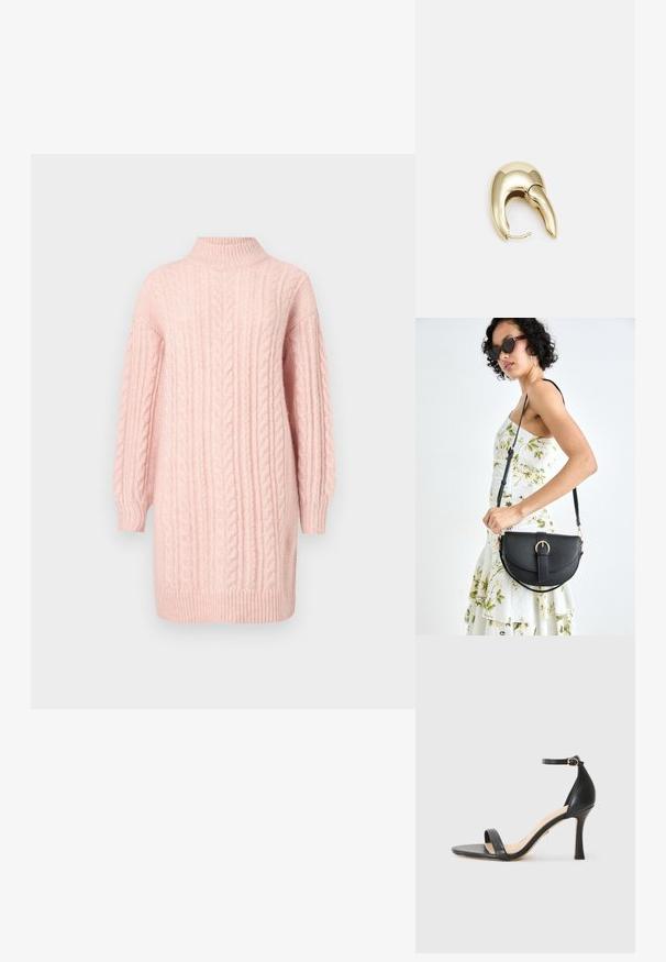 Miękki różowy sweter sukienka w splot kablowy z długimi rękawami oraz ściągaczem na szyi, u dołu i przy mankietach na białym tle.; Czarny skórzany sandał na wysokim obcasie z cienkim paskiem na kostce, odkrytą palcą i smukłym, zakrzywionym obcasem. Teksturowana podeszwa i minimalistyczny design.; Czarna skórzana torebka o zakrzywionym kształcie, z odpinanym paskiem i złotymi akcentami. Torebka posiada klapę z zapięciem w kształcie klamry.; Złote metalowe kolczyki o eleganckim, zakrzywionym kształcie. Posiadają charakterystyczny szpiczasty kształt, polerowaną powierzchnię oraz zapięcie na zawias.
