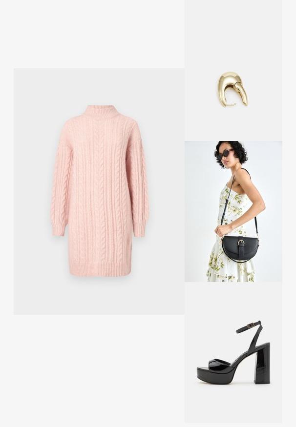 Švelni rožinė megztinė su virbuliu ir ilgomis rankovėmis, su raukiniais apykaklėje, apatine dalyje ir ant rankovių, ant baltos fono.; Juodos patentinės odos platformos sandalai su čiurnos dirželiu, turintys masyvų aukštą kulną ir atvirą pirštą. Lygus paviršius ir blizgus apdaila.; Juodas odinis krepšys su išlenkta forma, nuimamu dirželiu ir auksiniais detalėmis. Krepšys turi kilpą su sagtimi.; Aukso tono metalinės auskarai su stilingu, kreiviu dizainu. Išsiskiria ryškiu smailiu pavidalu, poliruota paviršiumi ir užsegimu su vyriu.