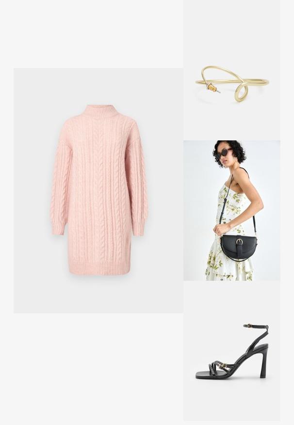 Miękki różowy sweter sukienka w splot kablowy z długimi rękawami oraz ściągaczem na szyi, u dołu i przy mankietach na białym tle.; Czarne sandały na wysokim obcasie wykonane z błyszczącej skóry. Posiadają przeplatane paski z złotymi ćwiekami i zapięcie na klamrę na pasku wokół kostki.; Czarna skórzana torebka o zakrzywionym kształcie, z odpinanym paskiem i złotymi akcentami. Torebka posiada klapę z zapięciem w kształcie klamry.; Złota metalowa bransoletka o płynnej, zakrzywionej formie. Ma mały, wyraźny, srebrny akcent na jednym końcu.