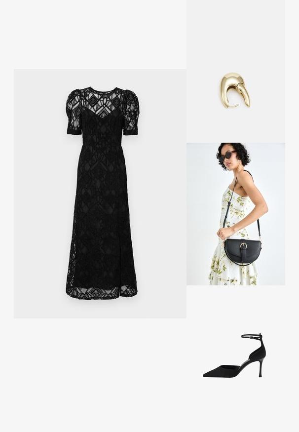 Černé krajkové šaty s nafouknutými rukávy, přiléhavým korzetem a sukní až na zem se bočním rozparkem. Složitý vzor s diamantovým motivem.; Černá lodička s špičatou špičkou a tenkým podpatkem, otevřenou zadní částí a kotníkovým řemínkem. Vyrobena z hladkého materiálu s elegantním designem.; Černá kožená kabelka s křivkovým tvarem, odnímatelným popruhem a zlatými detaily. Kabelka má klopu s přezkou.; Náušnice ve zlatém tónu z kovu s elegantním zakřiveným designem. Vyznačují se jedinečným špičatým tvarem, lesklým povrchem a závěsem na kloub.