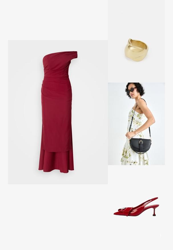 Robe de soirée bordeaux à une épaule avec corsage plissé, silhouette ajustée et ourlet évasé. Tissu lisse avec un éclat subtil. Fermeture éclair.; Mango Escarpins - red; Sac à main en cuir noir avec une forme courbée, bandoulière amovible et des accessoires en or. Le sac est doté d'un rabat avec un détail de boucle.; Bague couleur or avec un design lisse et torsadé. Présente une surface brillante et des bords arrondis, créant une forme fluide et homogène.