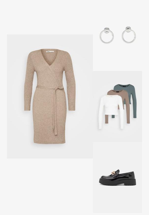 Bežové rebrované úpletové zavinovacie šaty s dlhými rukávmi, výstrihom do V a viazaním v páse. Hladká textúra, priliehavý strih, dĺžka po kolená.; Tričko s dlhým rukávom v crop štýle, poskladané jedno na druhé v bielej, béžovej a tlmenej morskej farbe, s okrúhlym výstrihom na svetlo šedom pozadí.; Čierne lakované kožené mokasíny s masívnou čiernou podošvou a zlatými detailmi. Hladká textura a design so zaoblenou špičkou.; Strieborné kovové náušnice vo forme kruhov s brúsenou textúrou, so zaobleným dizajnom a priehľadným zarážkou pre bezpečné nosenie.