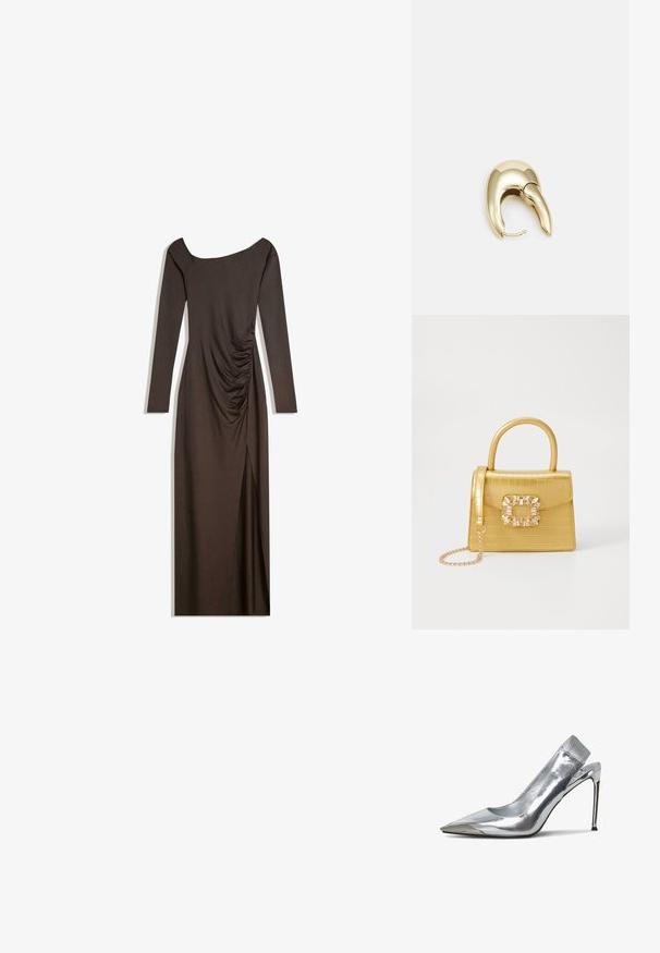 Rochie lungă maro cu mâneci lungi, decolteu off-shoulder și detaliu drapat pe o parte. Prezintă o fante laterală pentru un plus de mișcare. Țesătură fină.; Pantofii cu toc înalt, argintii, cu siret pe spate, au vârful ascuțit și un finisaj metalic. Caracterizează un design elegant și accente minimaliste pe toc.; Geantă galbenă din faux-crocodil cu un design structurat, mână superioară, curea detașabilă cu lanț și embellisment decorativ cu cristale pe închidere.; Cercei din metal de culoare aurie cu un design elegant și curbat. Prezintă o formă distinctivă, ascuțită, o suprafață lustruită și un sistem de închidere cu balama.