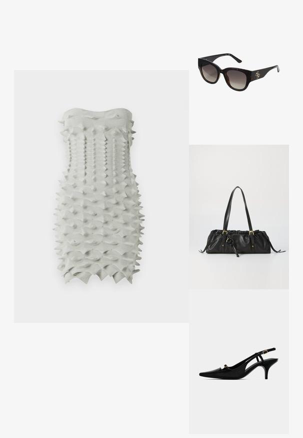 Formu piestiprināta bezsānu kleita no teksturētas, gaiši pelēkas auduma ar ģeometrisku, izteiksmīgu rakstu visā apģērbā. Gluds augšējais malas apdare.; Melna norādītā deguna siksna ar zemu izliekta papēdi un mazu zelta sprādzi uz priekšējās siksnas un potītes siksnas.; Torteļļu saulesbrilles ar pārmērīgiem taisnstūra rāmjiem, gradienta lēcām un zelta logo akcentu uz roka. Gluda plastmasas materiāls.; Melnas ādas rokassomiņa ar savāktu augšdaļu, divām plecu siksnām, zelta krāsas detaļām un centrālu apaļu akcentu. Gluda tekstūra, kompakta forma.