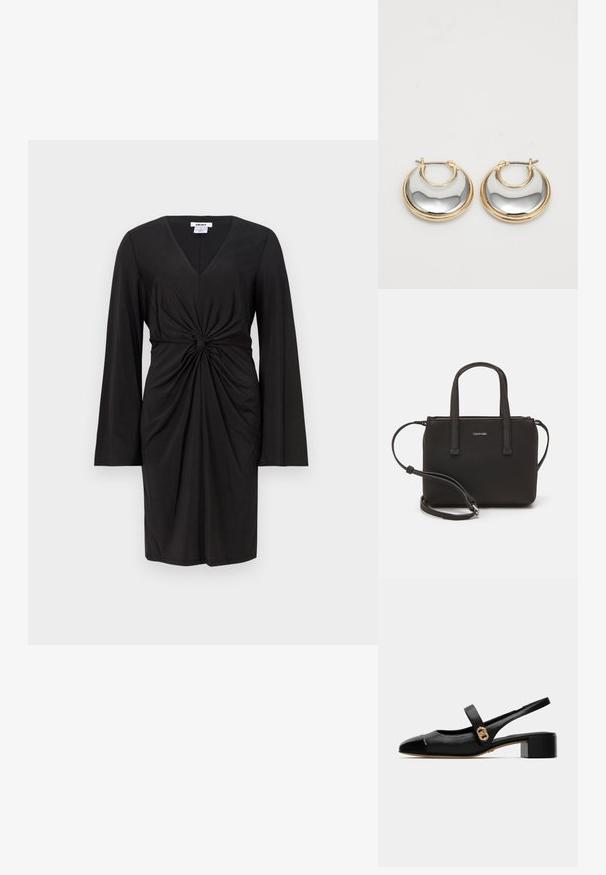 Vestido negro con mangas largas, escote en V y detalle de torcido recogido en la cintura. Tejido suave con una silueta ajustada.; Zapato negro de piel con tiras traseras y puntera redondeada, que presenta una punta brillante y un acento dorado en la correa, asegurado con un pequeño tacón cuadrado.; Bolso de mano negro con dos asas cortas y una correa de hombro removible. Material suave tipo cuero con cierre de cremallera y detalle del logo.; Pendientes de aro pequeños con un borde exterior dorado y una superficie interior plateada brillante y reflectante, mostrados uno al lado del otro sobre un fondo blanco.