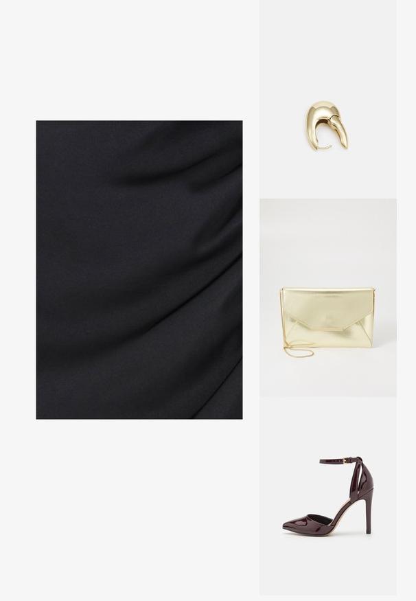 Tessuto nero con una superficie liscia e leggermente testurizzata, caratterizzato da morbide pieghe e delicati drappeggi, che creano un aspetto fluido.; Scarpa con tacco alto in vernice borgogna, punta affilata, cinturino alla caviglia e tacco a spillo di 10 cm. Texture liscia e dettagli minimi.; Clutch bag metallica dorata con chiusura a patta, texture liscia e tracolla rimovibile. Presenta un accento rettangolare dorato sul fronte.; Orecchino in metallo color oro con un design elegante e curvo. Presenta una forma appuntita distintiva, superficie lucida e chiusura a cerniera.