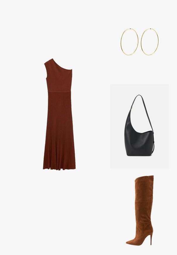 Asymmetrical brown ribbed dress with one shoulder design; fitted bodice flares into a wide skirt. Smooth texture throughout.; Steve Madden DAKOTA - High heeled boots - brown; Black leather hobo bag with a smooth texture, curved shape, and single adjustable strap; features a wide opening at the top.; Gold hoop earrings with a smooth, rounded design. Thin and lightweight, featuring a continuous loop without any embellishments.