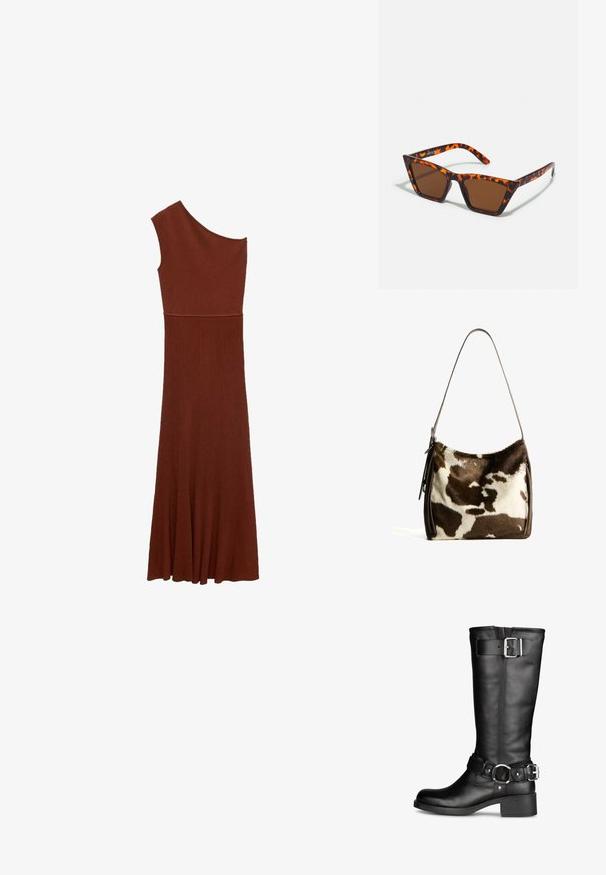 Asymmetrische bruine ribbedress met ontwerp voor één schouder; aansluitende bodice die uitloopt in een brede rok. Glad textuur over de gehele lengte.; Zwarte leren laarzen tot de knie met een ronde neus, een stijlvolle gespsluiting en een gestapeld hakje. Gladde textuur en minimalistische ontwerpelementen.; Bruin getinte zonnebril met een schildpadmotief, hoekig montuur en slanke armen. Lichtgewicht kunststof materiaal.; Bruine en crèmekleurige koeienhuid schoudertas met een gladde leren band, ritssluiting en een zachte, tekstuursurface met een natuurlijk patroon.
