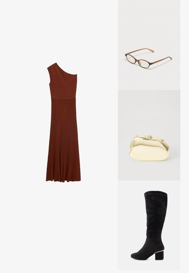 Rochie asimetrică maro cu nervuri, cu un singur umăr; corset ajustat care se lărgește într-o fustă amplă. Textură netedă pe tot parcursul.; Cizme negre până la genunchi din material de daim moale, cu un toc gros și o accente aurii. Textură netedă, design cu vârf rotunjit.; Ochelari în nuanță de țestoasă maro, cu lentile ovale, brațe subțiri și accente transparente. Prezintă un logo subtil pe tâmplă. Design elegant și ușor.; Clutch metalizat de culoare aurie, cu o formă netedă și rotundă, având un închizător tip buton în partea de sus și o curea mică pentru purtare.