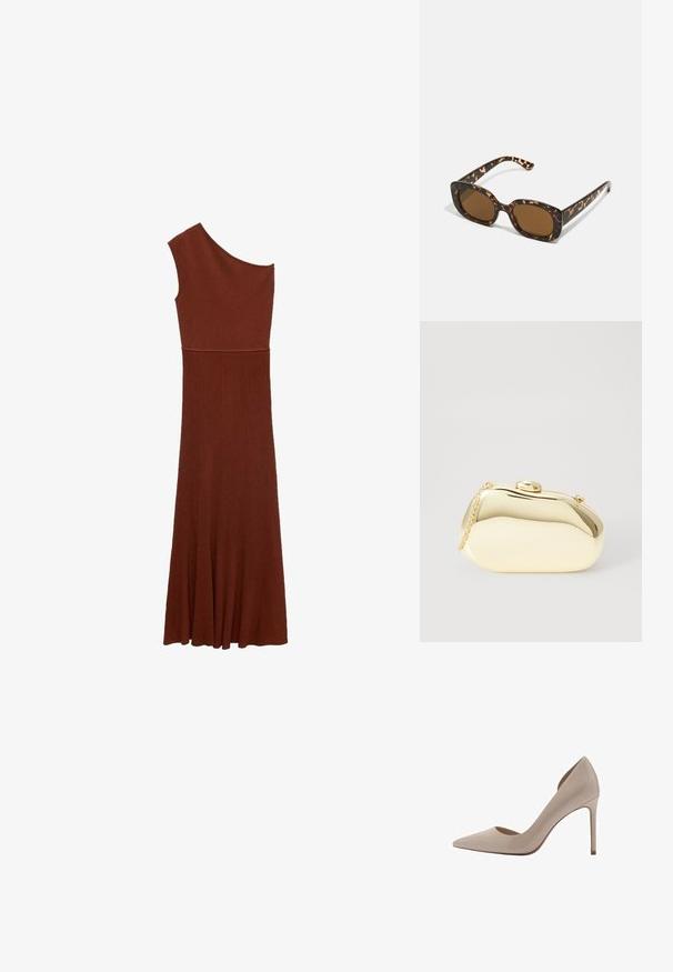 Asymetrické hnedé šaty s rebrovanou textúrou a jedným ramienkom; priliehavá sukňa sa rozširuje do širokej spodnej časti. Hladká textúra po celom obvode.; Béžové lakované lodičky na vysokom podpätku s ostrou špičkou, plytkými výrezmi po stranách a štíhlym podpätkom. Hladká textura s lesklým povrchom.; Slnečné okuliare v tortoiseshell štýle s okrúhlym, robustným rámom a hnedými šošovkami. Má jemné vzory a rovné, zoštíhlené ramená.; Kovová zlatá kabelka s hladkým, zaobleným tvarom, ktorá má horné zapínanie na gombík a malý reťazový popruh na nosenie.