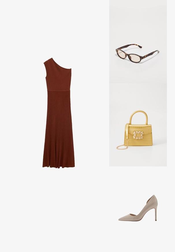 Abito marrone a coste asimmetrico con design a una spalla; corsetto aderente che si allarga in una gonna ampia. Tessuto liscio in tutto l'abito.; Mango ASYMMETRISCHE MET EFFECT - Decolleté - grey; Occhiali da sole tartarugati con forma arrotondata e lenti chiare. Presentano aste robuste con piccoli dettagli dorati, realizzati in materiale plastico.; Borsa finta coccodrillo gialla con design strutturato, manico superiore, tracolla a catena removibile e abbellimenti in cristallo decorativi sulla chiusura.; Zign 2 PACK - Bracciale - gold-coloured/silver-coloured