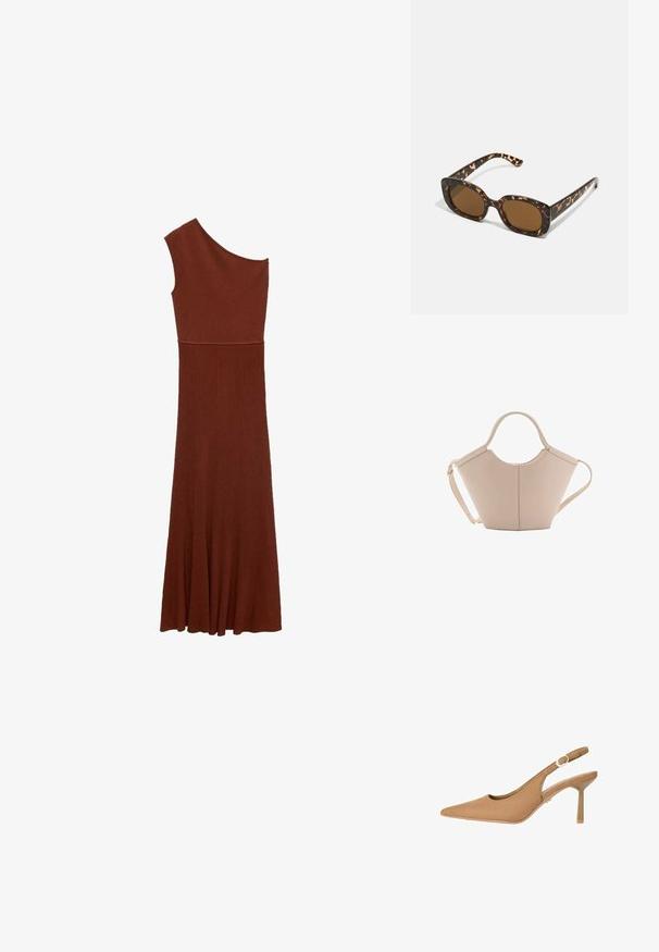 Asymetrické hnědé šaty s ribovým vzorem a designem jednoho ramene; těsný korzet se rozšiřuje do široké sukně. Hladká textura po celé délce.; Hnědé lodičky na podpatku se špičatou špičkou, hladkou texturou, nastavitelným páskem a štíhlým podpatkem. Minimalistický design se subtilním zlatým kováním.; Sluneční brýle ve skořápce želvy s kulatým, širokým rámem a hnědými čočkami. Mají jemné vzory a rovné, zúžené stranice.; Beige kožená kabelka s jedinečným tvarem, vybavená dvěma krátkými uchy a dlouhým nastavitelným popruhem. Hladká textura s minimem kovových doplňků.