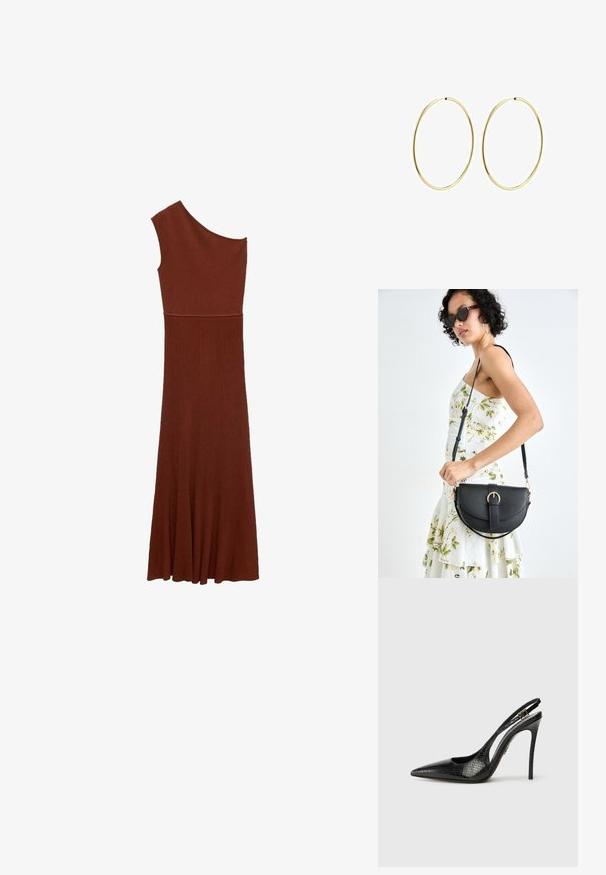Asymmetrisk brun ribbet kjole med design over én skulder; tætsiddende overdel, der breder sig til en bred nederdel. Glat tekstur hele vejen igennem.; Sort slingback pumpe med spids tå, tekstureret slangemønster, stilettahæl og en dekorativ spænde på stroppen.; Sort læderhåndtaske med en buet form, aftagelig rem og guldfinish. Tasken har en klap med en spænde detalje.; Guldøreringe med et glat, rundet design. Tynde og lette, med en kontinuert løkke uden udsmykninger.