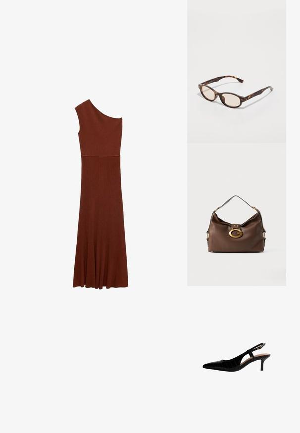 Abito marrone a coste asimmetrico con design a una spalla; corsetto aderente che si allarga in una gonna ampia. Tessuto liscio in tutto l'abito.; Scarpa nera con tacco alto slingback, punta affusolata, motivo in pelle di coccodrillo, tacco sottile e cinturino con fibbia sul lato.; Occhiali da sole tartarugati con forma arrotondata e lenti chiare. Presentano aste robuste con piccoli dettagli dorati, realizzati in materiale plastico.; Borsa a mano in pelle marrone con una finitura testurizzata, dotata di un gancio in metallo dorato e di una singola tracolla curva.