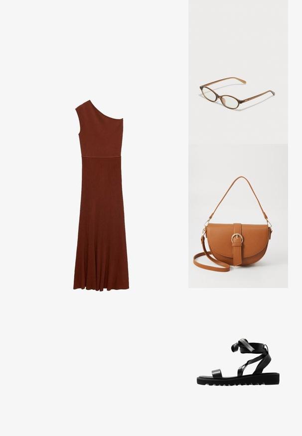 Abito marrone a coste asimmetrico con design a una spalla; corsetto aderente che si allarga in una gonna ampia. Tessuto liscio in tutto l'abito.; Sandali neri con suola testurizzata, dotati di sottili cinturini e un design annodato. Realizzati in materiale elegante, forma moderna e punta aperta.; Occhiali tortoiseshell marroni con lenti ovali, aste sottili e dettagli trasparenti. Presentano un logo sottile sulla tempia. Design elegante e leggero.; Borsa a tracolla in pelle marrone con forma curvata, hardware dorato e un dettaglio con fibbia. Presenta una tracolla rimovibile.
