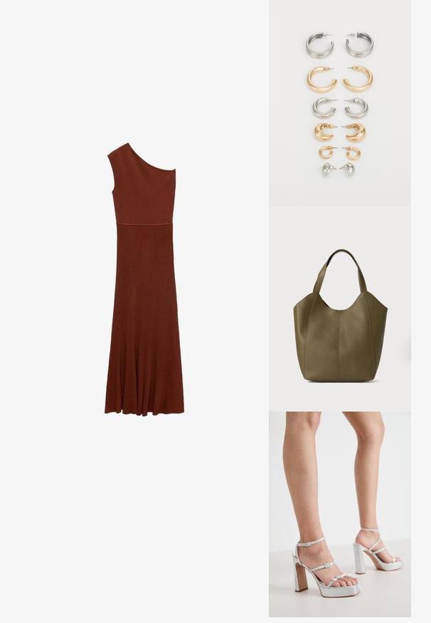 Rochie asimetrică maro cu nervuri, cu un singur umăr; corset ajustat care se lărgește într-o fustă amplă. Textură netedă pe tot parcursul.; Sandale cu toc înalt din material texturat, cu platformă argintie, curele pentru gleznă, toc gros și catarame reglabile.; Geantă tote din piele verde măslinie cu două mânere, textură netedă și design din patru panouri. Cusături întărite pe margini pentru durabilitate.; Set de opt cercei din metal în tonuri de argint și aur. Include diverse stiluri de cerc, texturi și finisaje, aranjate după dimensiune.