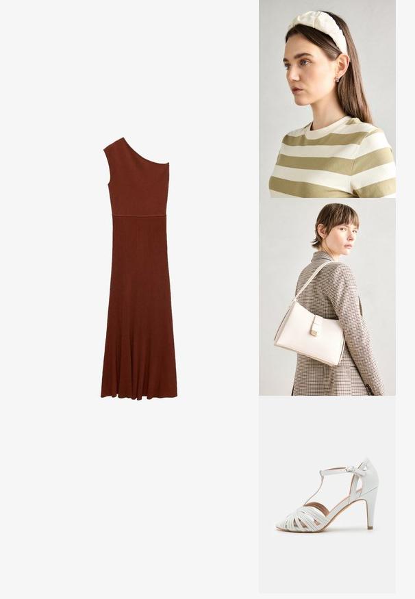 Asymetrické hnedé šaty s rebrovanou textúrou a jedným ramienkom; priliehavá sukňa sa rozširuje do širokej spodnej časti. Hladká textúra po celom obvode.; Biele vysoké sandále na ihlovom podpätku s kríženými popruhmi, dizajnom T-bar, hladkou textúrou a špicatou špičkou. Majú štíhly podpätok a zapínanie na pracku.; Biely kožený kabelka so štruktúrovaným dizajnom, s magnetickým uzáverom a ramenným popruhom, vystavená na neutrálnom pozadí.; Krémová čelenka s vypchatím a vzorom vrkoča, skombinovaná s béžovo-bielym pruhovaným tričkom s okrúhlym výstrihom. Nápadné doplnky z jemného šperku.