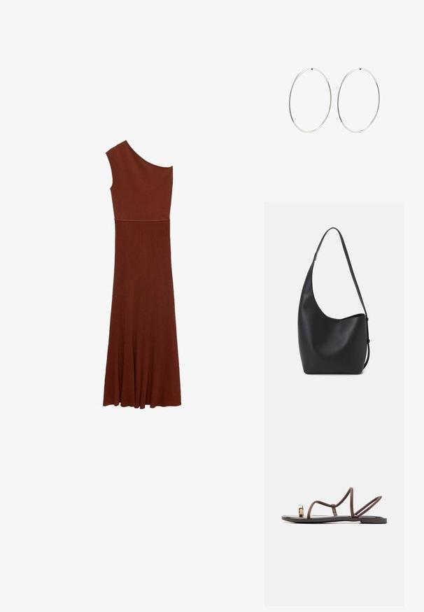 Asymmetrisches braunes Rippenkleid mit einseitigem Design; tailliertes Oberteil, das sich zu einem weiten Rock ausbreitet. Glatte Textur über das gesamte Kleid.; Braune flache Sandalen mit mehreren schmalen Riemen, einer Zehen-Schlaufe und einem goldfarbenen Akzent. Die Sohle ist flach und hat eine glatte Oberfläche.; Schwarze Leder-Hobo-Tasche mit einer glatten Textur, geschwungener Form und einem einzelnen verstellbaren Tragegurt; verfügt über eine weite Öffnung am oberen Ende.; Silberne Creolen mit einem glatten, runden Design und einer polierten Oberfläche. Sie sind dünn und leicht und verfügen über einen einfachen Verschluss.