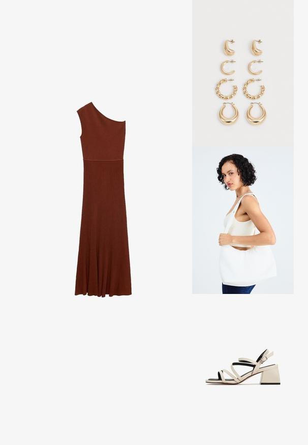 Asymmetrisk brun ribbet kjole med design over én skulder; tætsiddende overdel, der breder sig til en bred nederdel. Glat tekstur hele vejen igennem.; Sandaler med hæl i cremefarvet læder med blokhæl. Har tynde stropper og en sort sål, med en justerbar ankelspænde.; Hvid skuldertaske lavet af glat materiale med en oval udskæring og bred stropdesign. Enkel og moderne med ingen synlig hardware.; Sæt af fem guldøreringe med forskellige designs: snoede, ribbede og glatte overflader i hoop- og halvmåneformer.