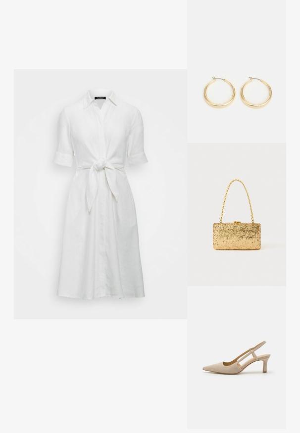 Bela bluzasta obleka iz platna s kratkimi rokavi, ovratnikom in detajlom vozla spredaj pri pasu, ki vključuje obliko z gumbi.; Bež semiš slingback pump z ostrim nosom, izrezanim stranskim detajlom in zmerno peto. Gladka textura in preprost dizajn trakova.; Zlata torbica s pomičnim šalom v pravokotni obliki, z zasukano verižico in kovinskim zapiranjem, ki odseva svetlobo z teksturirano površino.; Zlato-tonirane uhane v obliki obroča z gladkim, zaobljenim dizajnom, ki imajo tanek žičnati zapiralo in poliran zaključek za sijoč videz.